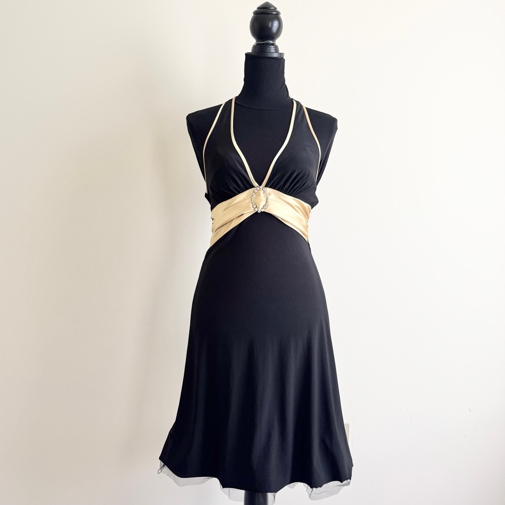 Vintage Y2K Beata Studio Los Angeles Halter Dress Size 5/6 Gold Trim Rhinestone